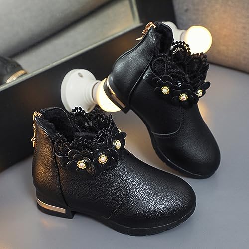 Toddler Boots Baby Girl Boy Warm ?aterproof Winter 3D Flowers Ankle Boots Leather Soft Sole (Black, 13.5 Little Child)3
