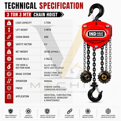 Image of VM 3 Ton 3 Meter Chain Pulley Block Heavy Duty Manual Chain Hoist for Construction, Warehouse, Industrial Material Lifting