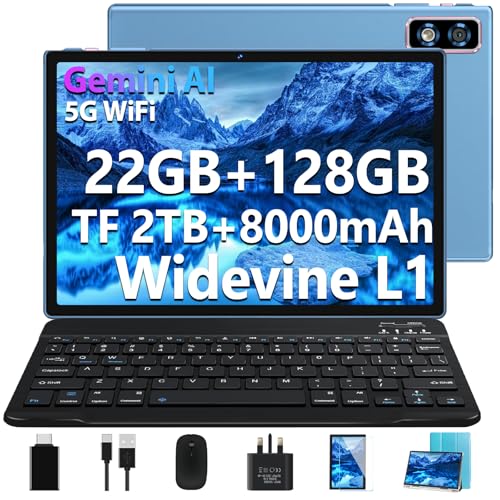 2026 Tablet 10 Inch Android with Gemini AI, 22GB RAM+128GB ROM(TF 2TB), GMS, 8000mAh, Octa Core 2.0GHz, 5G WiFi, Widevine L1, FHD, 8MP+5MP, GPS | BT5.0 | Face lD, Tablet with Keyboard & Mouse, Blue