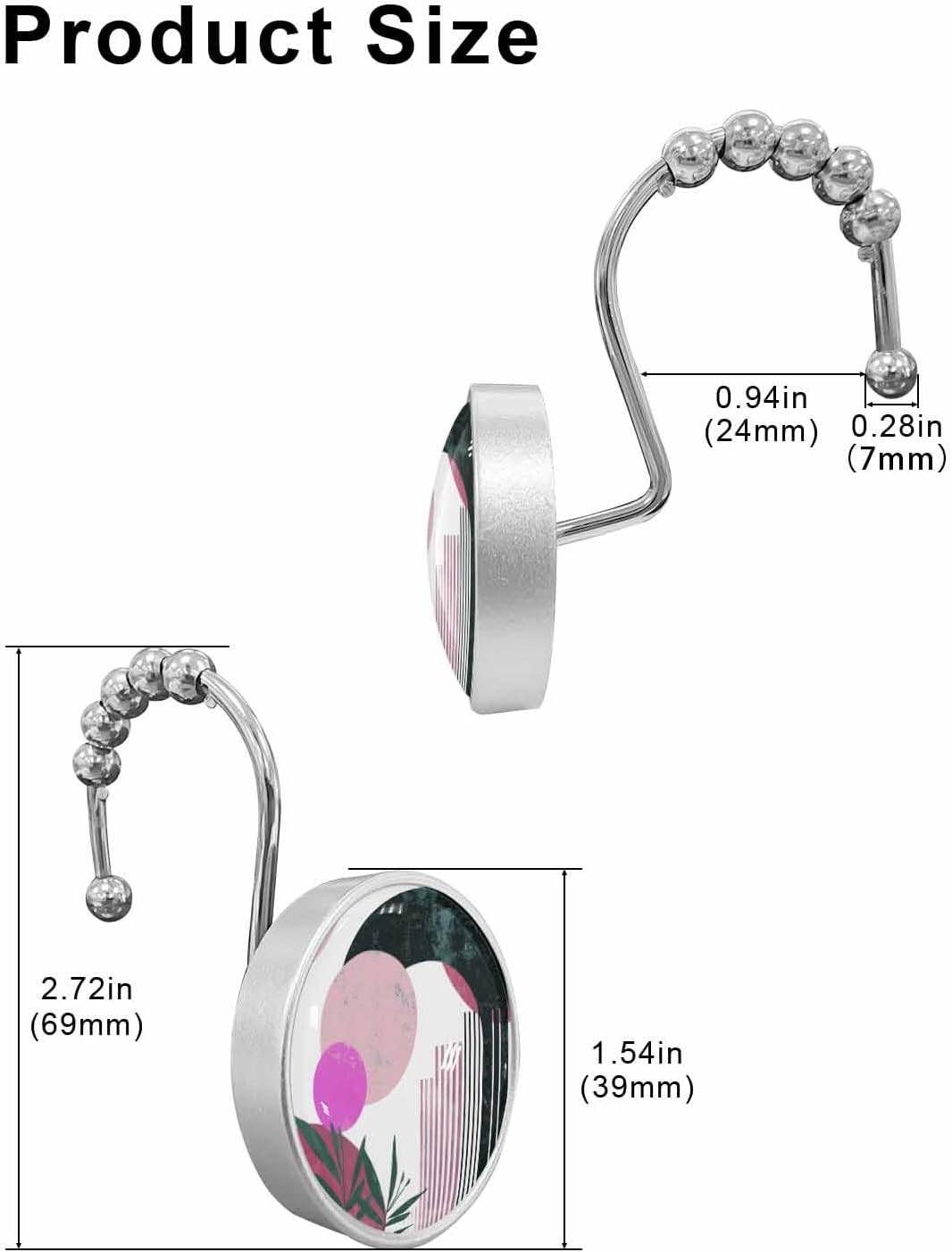 Boho Shower Curtain Hooks 12 Pcs Farmhouse Geometric Abstract Art Purple Black White Stainless Steel Rust Proof Rolling Shower Curtain Rings, Decorative Shower Curtain Hooks Hangers for Bathroom