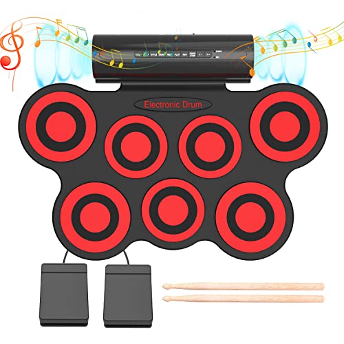 Electronic Drum Set - KONIX Electric Drums Set for Beginner - Tabletop Digital Practice Pads Roll Up Drum with Speaker, Pedals, Sticks, Audio Cable, MP3 USB Port(Red)