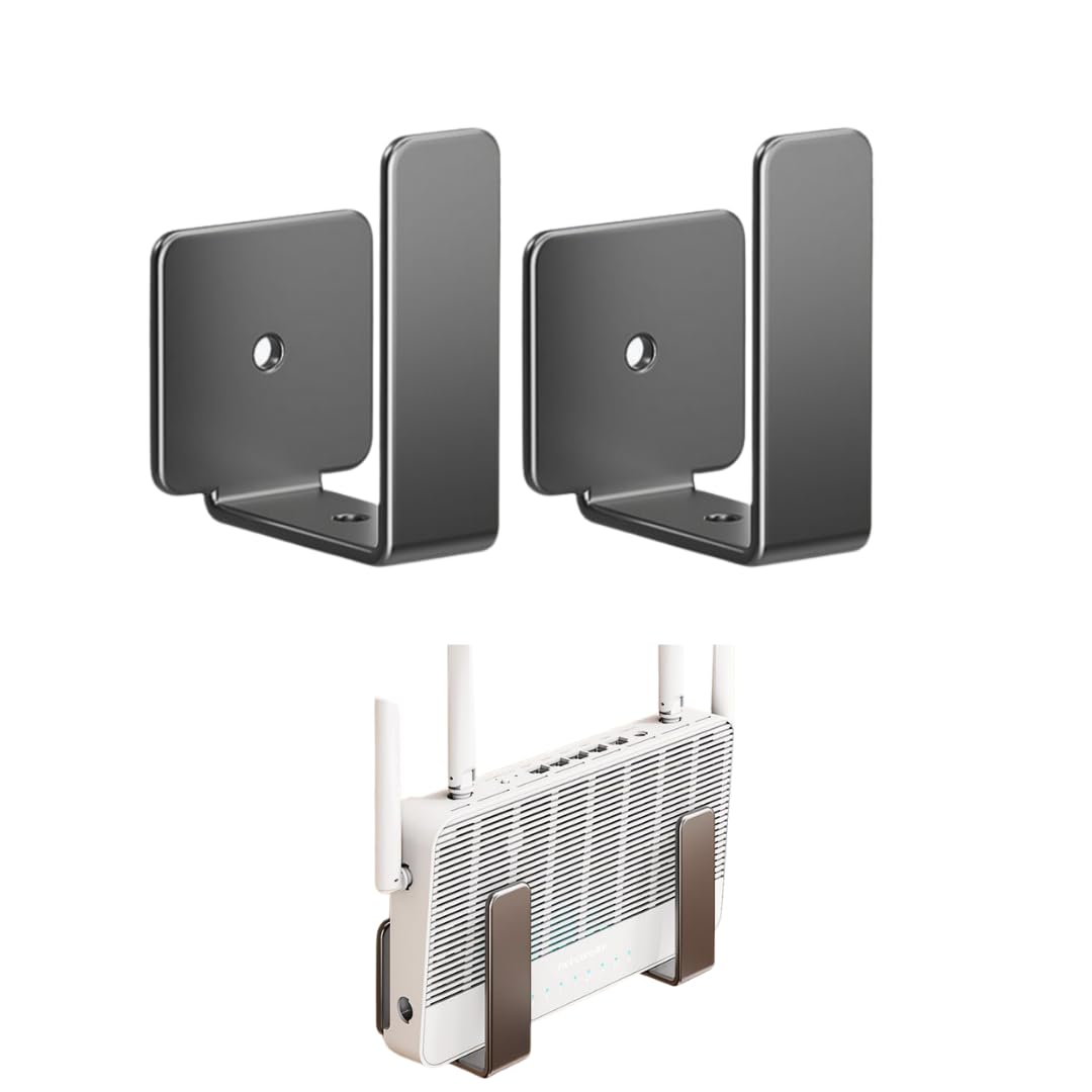 WiFi Router Stand Wall Mount| No-Drill Metal Bracket Holder, Space-Saving Organizer for Home & Office (Set of 2, Gun Metal Grey)-image-8