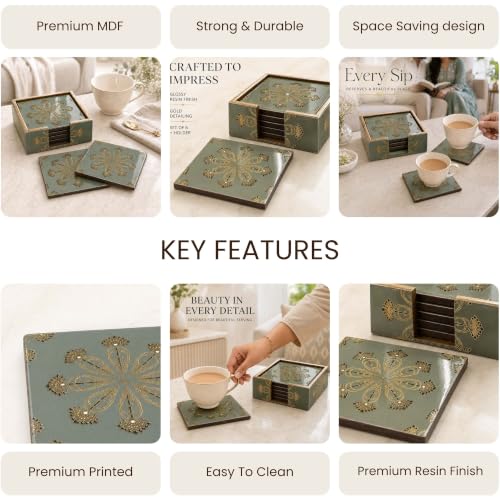 Image of The Earth Store Premium Emerald Heritage Wooden Coaster Set of 6 with Matching Holder - Engineered Wood with Resin Art Wooden Coaster | Tea Coaster Set of 6 | Square Coaster Set for Dining Table
