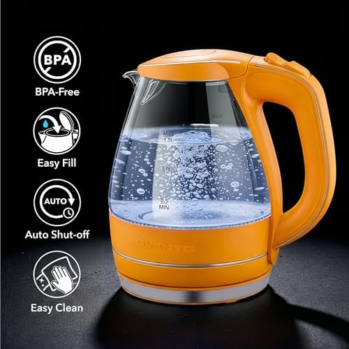 OVENTE 1.5L Glass Electric Kettle Water Boiler, Orange KG83O - 2