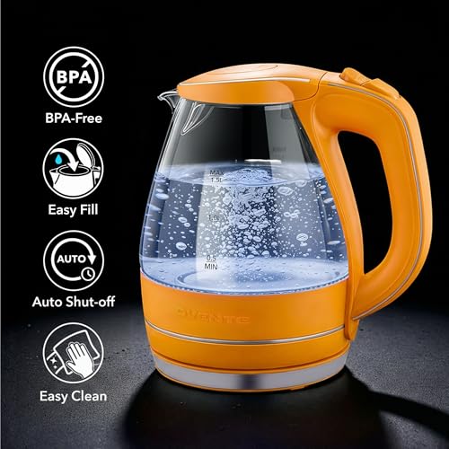 OVENTE Electric Kettle, 1.5L Borosilicate Glass Countertop Water Heater and Boiler for Coffee or Tea, BPA-Free, Auto Shut-Off, Boil-Dry Protection, Removable and Washable Spout Filter, Orange KG83O by OVENTE - Image 3