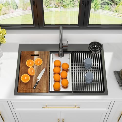 Image of 33 Black Drop In Kitchen Sink - Kichae 33 x 22 Drop In Kitchen Sink Workstation Gunmetal Black Nano Coating 304 Stainless Steel 16 Gauge with Glass Rinser & Cutting Board