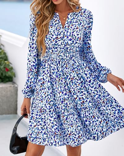 BTFBM Fall Dresses for Women 2026 Mini Long Sleeve Elastic Waist Summer Vacation Outfits Floral Wedding Guest Dress(Floral Dark Blue White, X-Large) — view 4