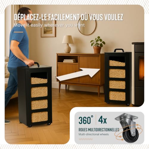VOUNOT® Metall Pelletbehälter mit Rollen, 45 kg Pelletbox, Pelletlagerung mit abnehmbarem Sieb und 4 transparenten Füllstandsanzeigen… – Ansicht 5