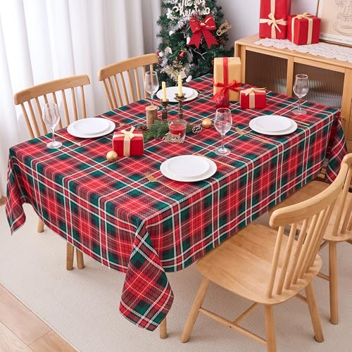 Christmas Tablecloths Rectanglar Red Green Plaid Christmas Table Cloth - 60 x 84 Oblong Polyester Checkered Gingham Winter Xmas Festive Table Cover Washable Waterproof for Holiday Party Kitchen Dining