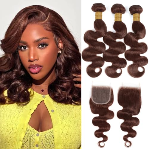 Chocolate Brown Bundles with Closure Human Hair 14 16 18+12