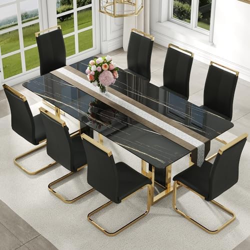 79'' Modern Dining Table Set for 8, Black Kitchen Table with 1.8"...