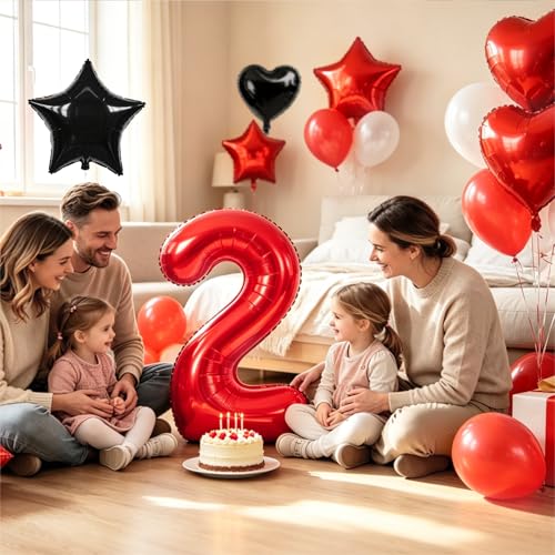Image of TONIFUL 3rd Birthday Balloons Kit 40 Inch Red Large Number 3 Foil Balloon | with 18Inch Helium Mylar Heart Star Balloons for Kids Women Men Birthday Anniversary Graduation New Year Eve Party Decoration