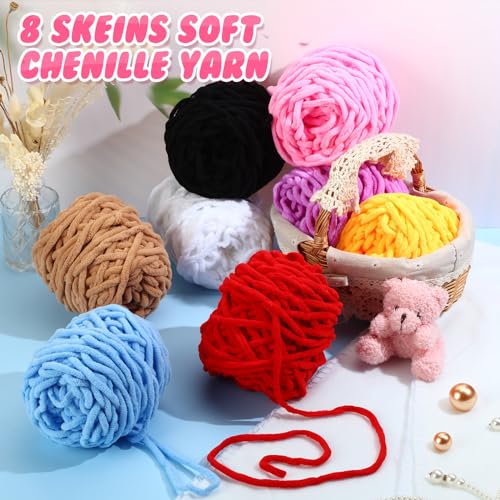 Image of Buryeah 8 Pack Chunky Chenille Yarn for Crocheting Soft Thick Fluffy Yarn for Hand Knitting Bulky Velvet Blanket Plush for Weaving DIY Crafts Each 3.5 oz 55 Yards (Simple Colors)
