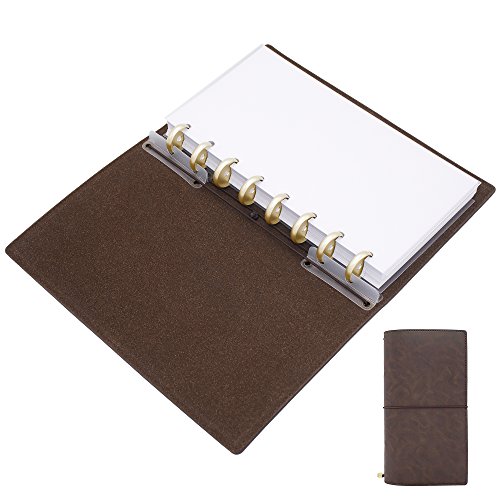 Discagenda Discbound Travel Journal Crazy Horse Vegan Faux Leather 8.3x4.3in Inserts Refillable Gift for Men or Women, Vintage Style Bullet Journal Diary (Brown with Gold Discs, 8.3x4.3in)