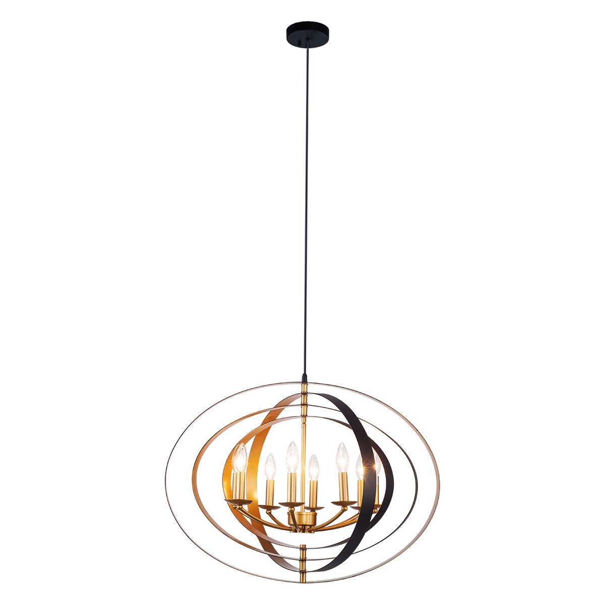 Lanros Industrial Sphere Foyer Lighting, 8-Light Vintage Adjustable Globe Chandelier with Pivoting Interlocking Rings for Dining Room, Entry, Living Room, Stairwell, Restaurant, Black/Gold+