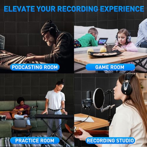 Image of Focusound 120 Pack Acoustic Foam Panels 1 inch x 12 inch x 12 inch Sound Proof Foam Panels Soundproofing Noise Cancelling Wedge Panels for Home Office Recoding Studio with 600 PCS Double-Side Adhesive