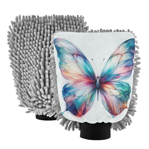 ALAZA Butterfly Watercolor Car Wash Mitt Scratch Free, 2 Pack Absorbent Microfiber/Chenille Washing & Drying Mitts, L