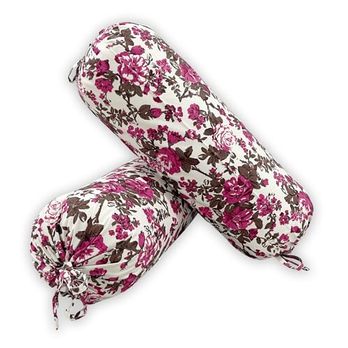 Image of Swayam Set of 2 Pure Cotton Bolster Cover | 30x30 Inch | Soft Breathable Masnad Cover 200TC | Durable & Washable | Floral Print Bolster Cover for Diwan, Bed & Sofa - Purple & White