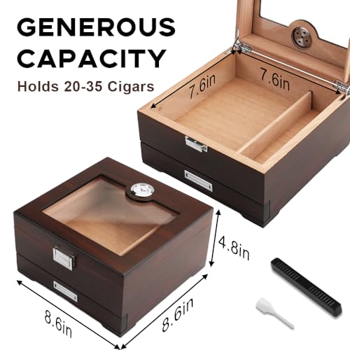 Bald Eagle Cigar Humidor, Handmade Box with Humidifier Hygrometer, Cedar Wood Glass Top Case with Accessories Drawer, Hold 30-35 Cigars - Image 6