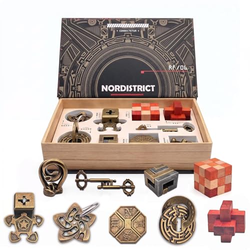 NORDISTRICT Metal and Wood Brain Teaser Puzzle Set 9 Pack Mechanical IQ Challenge Puzzles for Adults and Teens Brain Tease Game IQ Test Toy Disentanglement Wire & Wooden Logic Games Gift Box