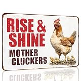 Vintage Chicken Decor Sign Rise And Shine Mother Cluckers for Home Chicken Coop Farm Fence Kitchen Bathroom Wall Decor 12x8 Inch