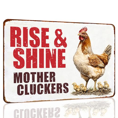 Vintage Chicken Decor Sign Rise And Shine Mother Cluckers for Home Chicken Coop Farm Fence Kitchen Bathroom Wall Decor 12x8 Inch