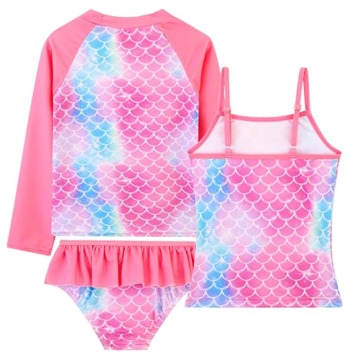 Image of DAXIANG Girls Rash Guard Swimsuit Long Sleeve Swim Shirt 3 Piece Tankini Bathing Suit with Bottom for Kid Toddler 3-12 Years