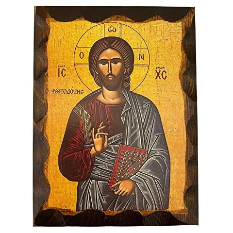 Handmade Greek Christian Orthodox Wood icon of Jesus Christ Fotodotis (16 X 12 cm or 6.3 X 4.7 in) Solid Wood Cover