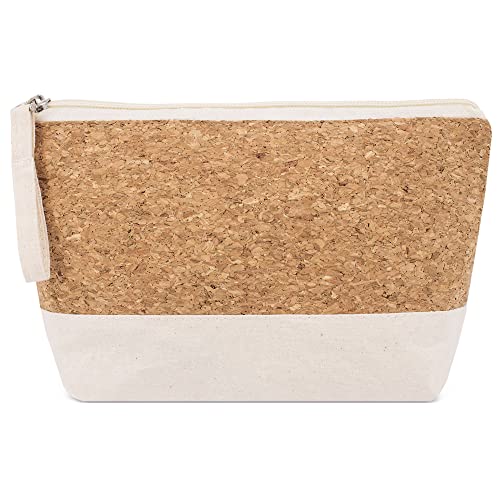 Kulturbeutel aus Baumwolle und Kork für Damen, mit Reißverschluss, Kosmetiktasche für Reisen, Ecru - Kork