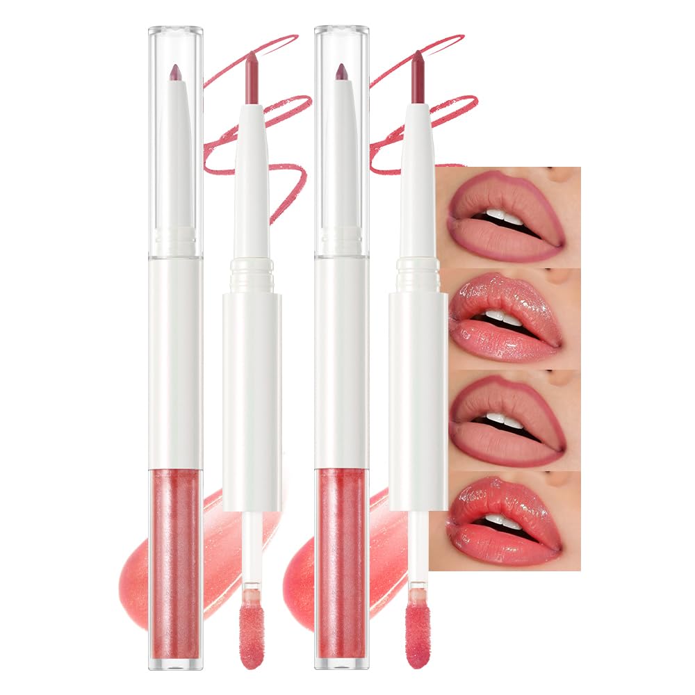BINGBRUSH 2PCS Lip Gloss Set Glitter 2-in-1 Lip Liner Gloss Combo Hydrating Lip Plumper Lifter Easy-to-Apply Lip Tint
