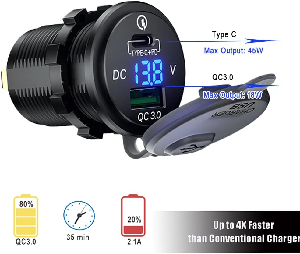 GemCoo 63W USB C Car Charger Socket, 45W PD Outlet 18W QC3.0 Charger 12V USB Cigarette Lighter Socket with LED Voltmeter for Car RV Boat Marine Truck Motorcycle