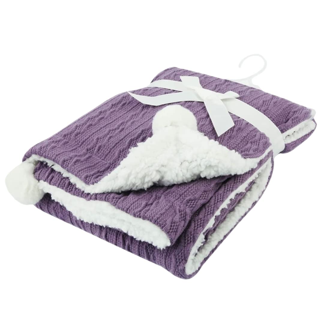 Gum & Berries Baby Wrap Cable Knit Pom Pom Soft Sherpa Back Pram Blanket Soft Touch Purple 75 cm x 90 cm