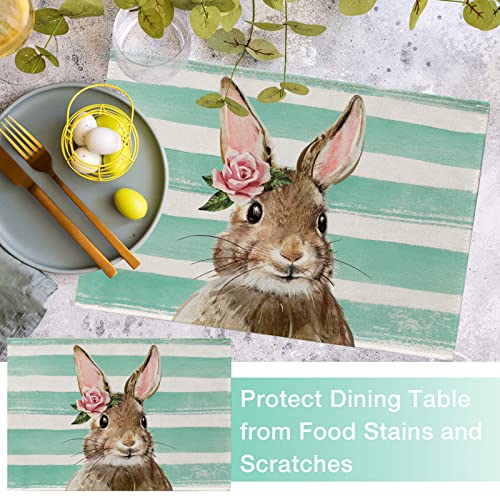 Seliem Easter Bunny Rabbit Placemats Set Of 4, Green Stripes Rose Flowers Cute Dining Table Place Mats, Striped Seasonal Spring Farmhouse Kitchen Decor Home Holiday Decoration 12 X 18 Inch #TOP6