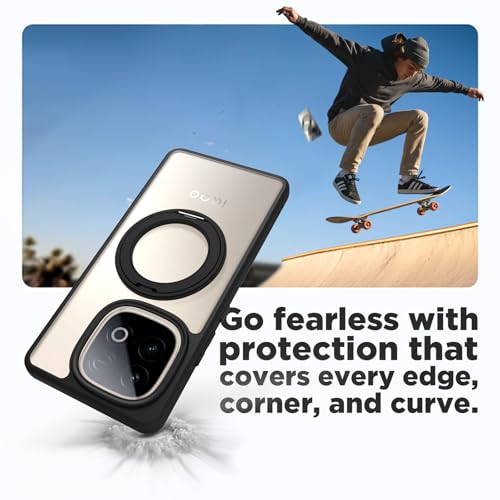 Image of RIGGEAR Shockproof Sleek Hybrid Armor 360 Rotating Magnetic Ring Stand Back Cover Case Compatible with MagSafe Accessories for iQOO Neo 10 5G (Clear PC + Black TPU Bumper)