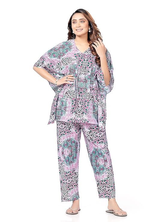 Women’s Cotton Printed Night Suit Kaftan Style Pyjama Co Ord Set for Women, Night Dress 2-Piece Outfits Pajama Wear – Free Size (PP-Co-ord1)