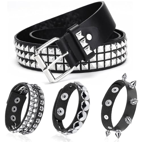 Nietengürtel, 4 Stück Grunge Accessoires mit 1 Nietengürtel Herren 3 Nietenarmband, Verstellbare Gothic Nietengürtel Damen, Studded Belt für Punk Emo Grunge Halloween Weihnachten 80er Party Unisex