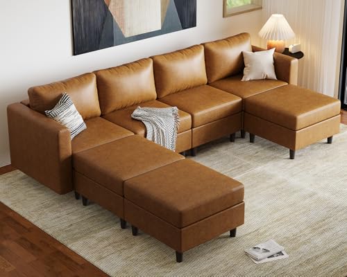 Image of ABCASA Faux Leather Modular Sectional Sofa 118.5 inch, 7 Seater U Shaped Couch with Storage Seat with Reversible Chaise Deep Seat for Living Room Brown