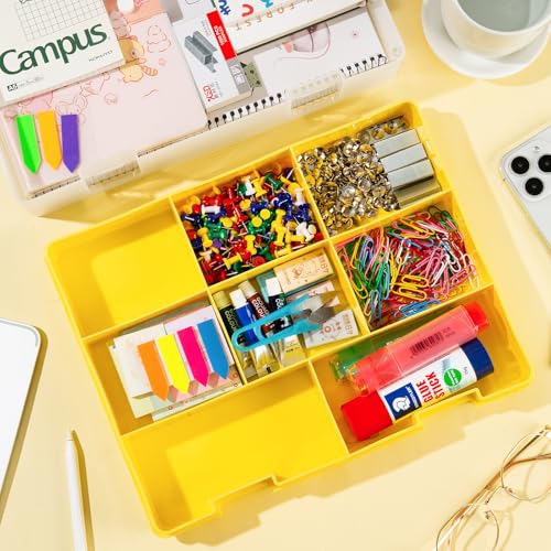 Image of OffiXymeric Plastic Storage Bin with Clear Lid and Removable Tray, Perfect for Craft Supplies, Art Tools,Beads, Stackable Organizer with Portable Handle, Durable Design for Home or Office Use（Yellow）