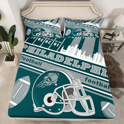 Loussiesd Football Bed Sheet Set Single Boys Girls Philadelphia Fitted Sheet American Football Gifts for Football Fans Women Men Football City Bedding Set Rugby Sports Bed Cover For Kids