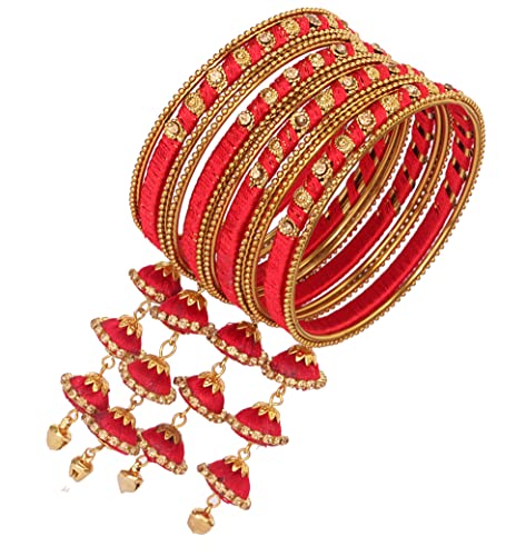 Image of NMII Metal & Silk Thread Jhumka Zircon Latkan Stylish Bangles Set For Women's and Girls | Women's Fancy Latkan Bangles Set | Ethnic Fashion Jewellery- Set of 12 Bangle, (G405 Red-2.4)