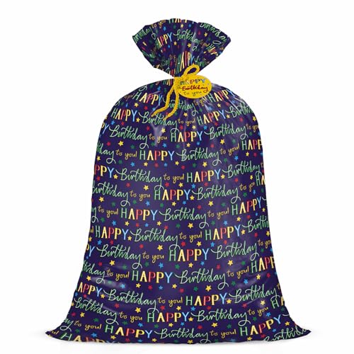 Loveinside 56 Large Birthday Plastic Gift Bag - 142.3 x 91.5 cm - Colorful Happy Birthday Lettering and Stars Design