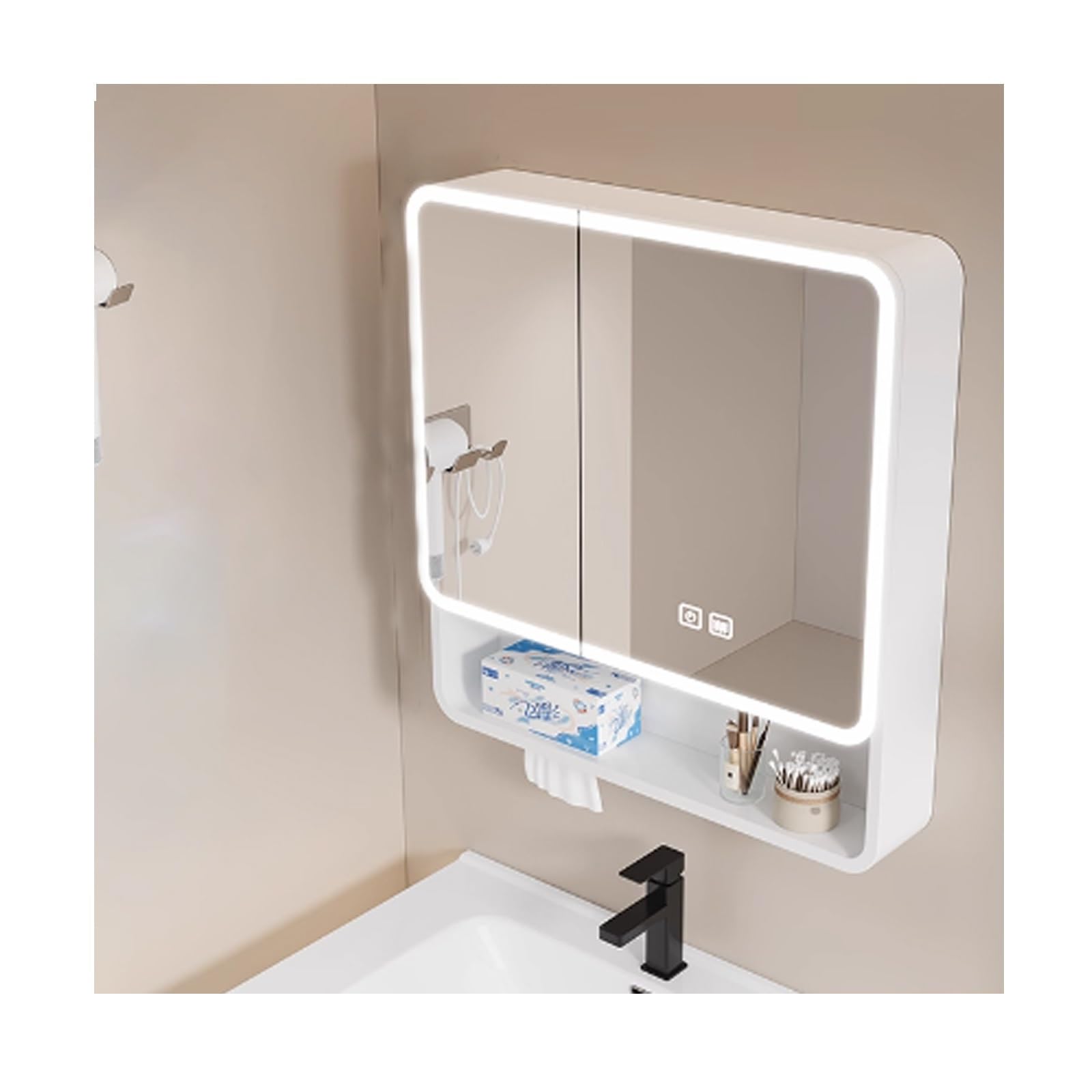 FLYIODFCXV bathroom mirror cabinet, With 2 Mirrored Doors，Rounded Corners, Efficient Demisting, Large Storage Capacity(White,70cm/27.5in)