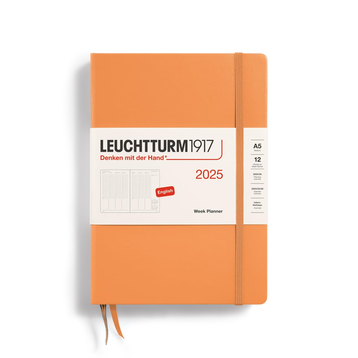 LEUCHTTURM1917 370796 Weekly Planner 2025, Medium A5 Hardcover - 12 Month Calendar, Lined - Apricot English