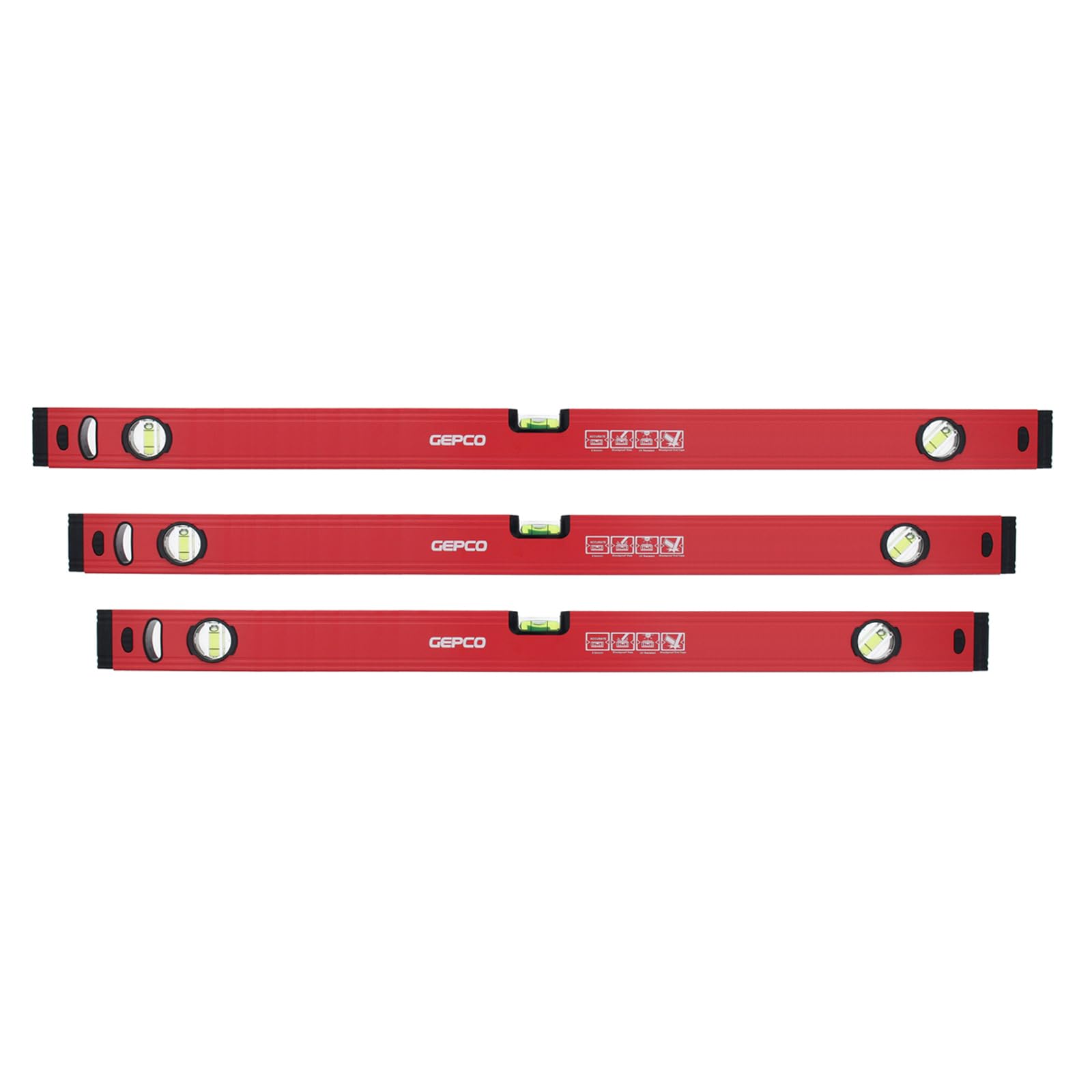 GEPCO Lot de 3 niveaux à bulle professionnels de l'industrie 80 + 90 + 100 cm en aluminium 1,2 mm Balance de mesure 3 fioles Tolérance de mesure : 0,5 mm/m