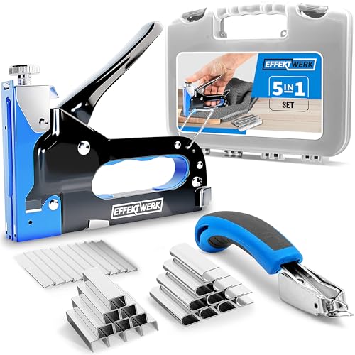 EffektWerk - 5 in 1 Staple Gun Set - Heavy Duty Stapler with 1500 Staples and Staple Remover for Wood Fabric Wire Mesh - Hand Tacker with Power Adjustment for Construction Crafts Upholstery Work