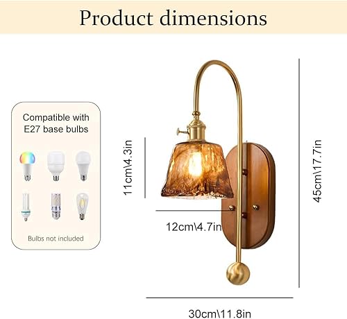 Miniatura 5 de Vintage Wood Wall Sconce Amber Glass Bedside Lamp Hardwired E26E27 Base with Switch Wall Lighting for Bedroom Kitchen Living Room Hallway(A)