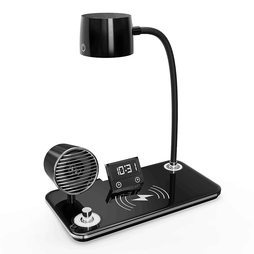 Lampada da Scrivania LED con Ricarica Wireless 15W, 500 LUX | Lampada da Tavolo Ufficio, Cassa Bluetooth e Sveglia, Braccio Flessibile, USB per Studio, Lettura, lavoro, Nero