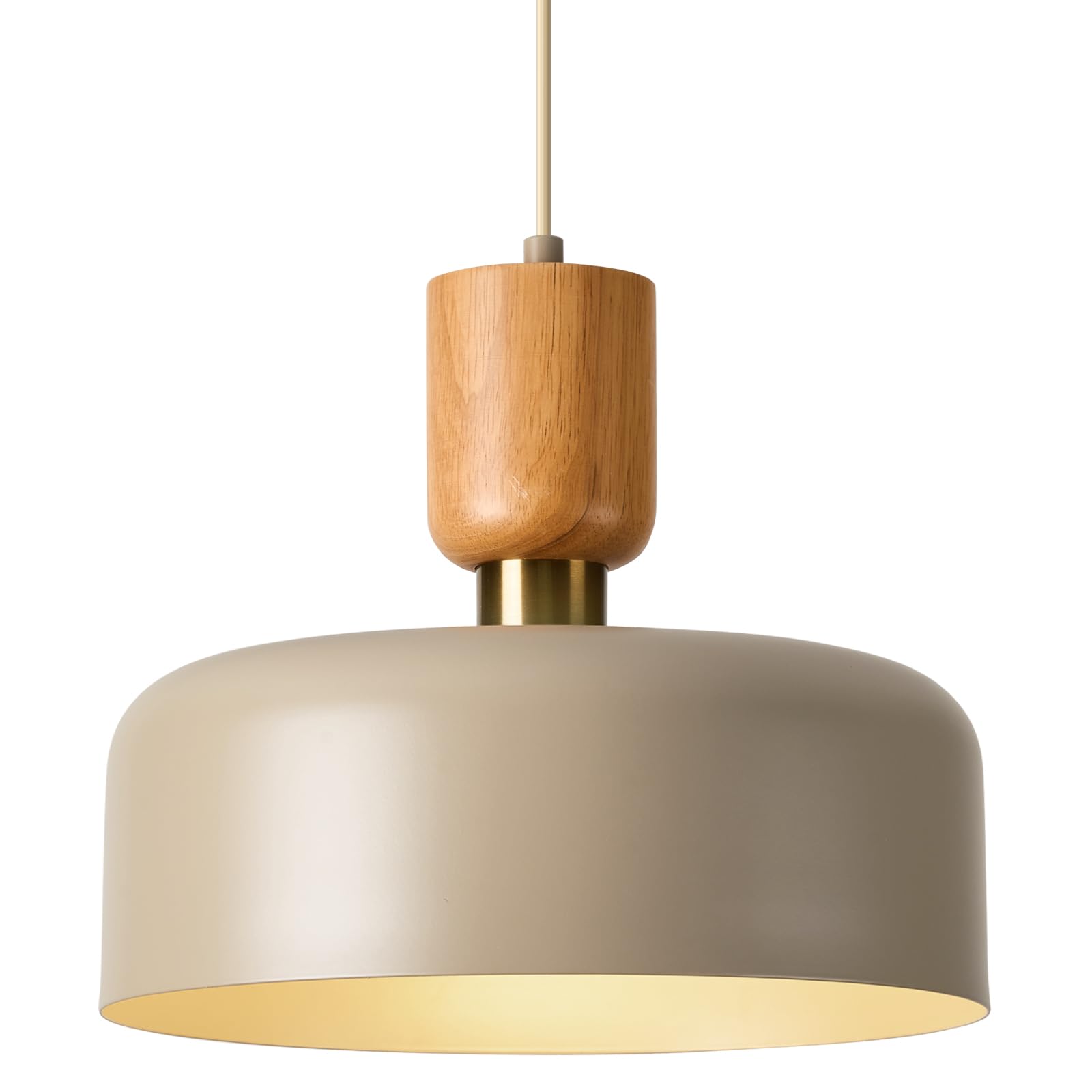 TeHenoo Contemporary Pendant Lights with Wood Cap, Brass Accent, 12 inch Light Brown Metal Shade,for Kitchen, Dining Room, Cafe