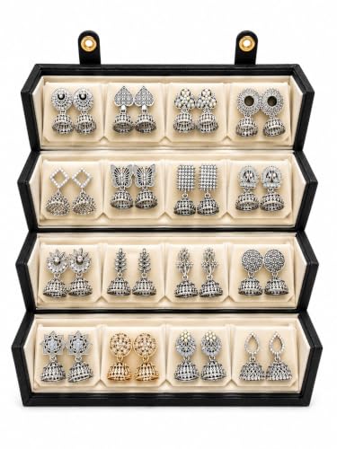 Image of Mirakii Jewels Oxidized Silver Jhumka Earrings Set for Women & Girls (16 Pairs) | Traditional Jhumki Combo | Multi Design Jhumka Collection with Premium Gift Box