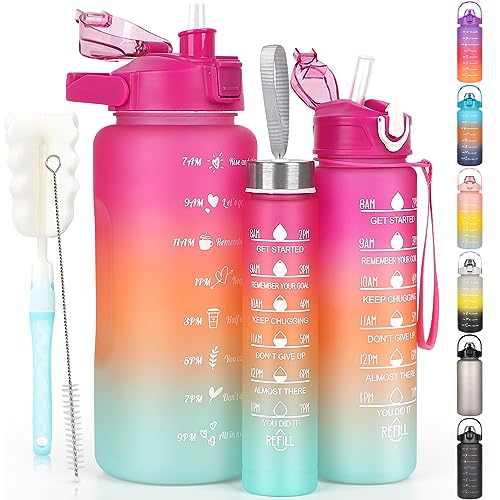 CodiCile 3 Stück Trinkflasche 2L 700ML 300ML, Wasserflasche Auslaufsicher, 2 Litre Trinkflasche mit Strohhalm, BPA Frei Sportflasche mit Zeitmarkierung für Fahrrad, Fitness, Wandern, Outdoor (Rot)